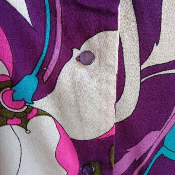 Large Vintage 70s Psychedelic Print Blouse Abstract Floral Groovy Granny Hippie - Picture 4 of 9